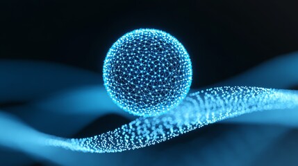 A glowing blue sphere floats above a wavy surface, creating an ethereal and futuristic visual effect.