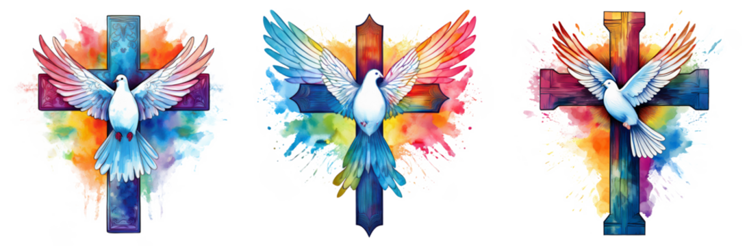 Colorful watercolor christian cross with dove of peace 4k png cutout transparent background isolate