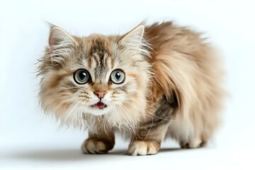 Obraz premium Fluffy brown Persian cat with big green eyes and expressive face showing tongue on white background, isolated studio portrait for pet and animal photography.