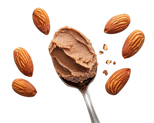 Creamy almond paste on spoon surrounded by whole almonds, showcasing its rich texture and natural ingredients. Perfect for baking or spreading