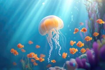 Naklejka premium A majestic jellyfish gracefully floats amidst a school of vibrant orange clownfish in a sunlit ocean scene.