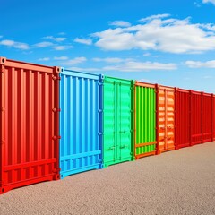 Colorful Shipping Containers Arranged in a Line Under Clear Blue Sky on a Sunny Day