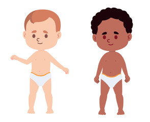 One year old cartoon infant in diaper. An infant learning to stand. An baby with dark skin and a baby with white skin