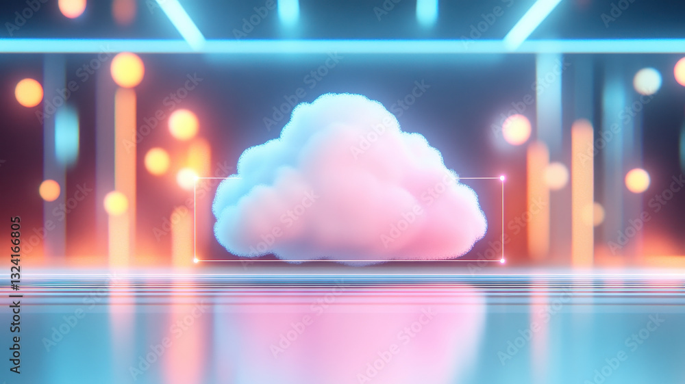 Poster digital cloud with soft, fluffy appearance is set against vibrant, illuminated background featuring 