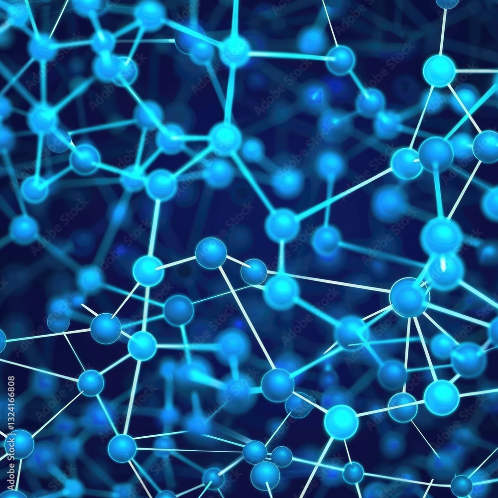 Poster abstract molecular network with blue nodes and connecting lines on dark background