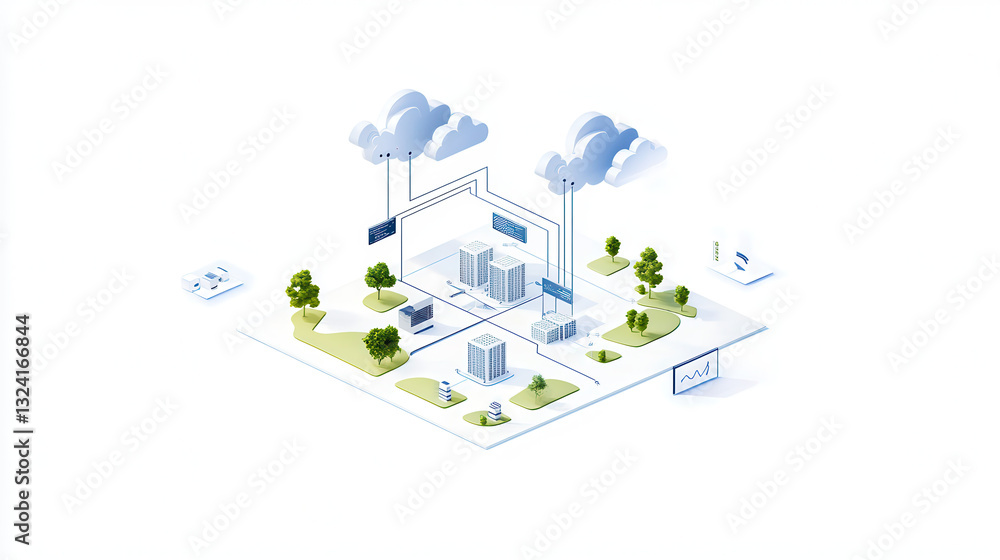 Poster clean and modern visual of global data network with buildings, trees, and clouds, illustrating conne