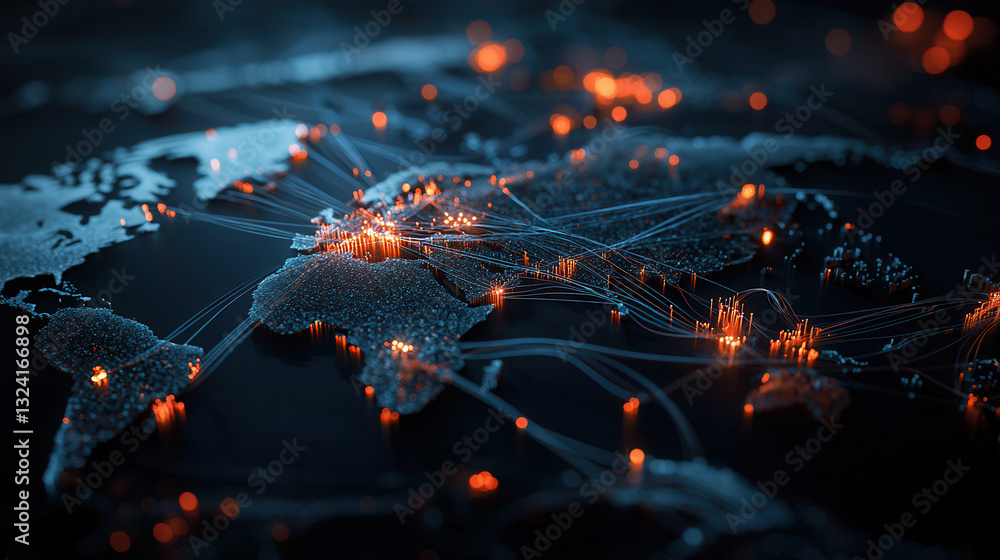 Poster clean and modern visual of global data network showcasing connections across continents, highlightin