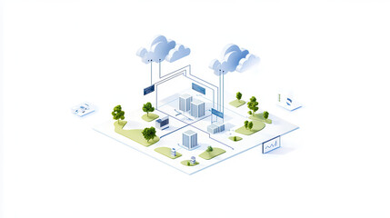 clean and modern visual of global data network with buildings, trees, and clouds, illustrating connectivity and technology