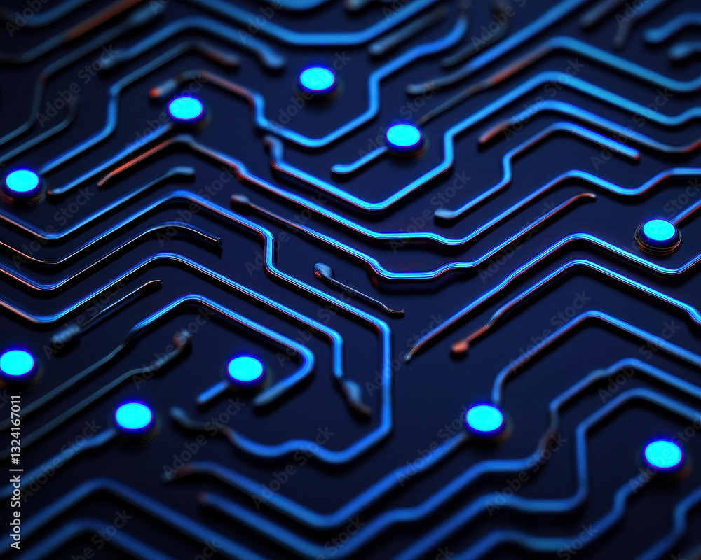Poster blue glowing circuit network over dark background, showcasing intricate patterns and connections. de