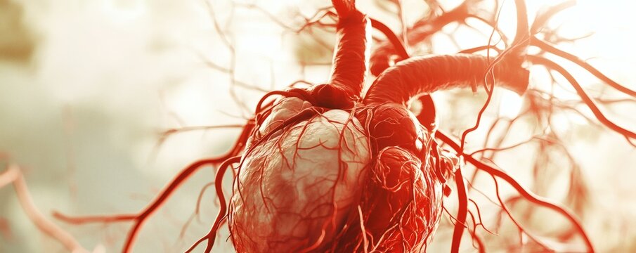 A rendered illustration of a human heart and connected vasculature