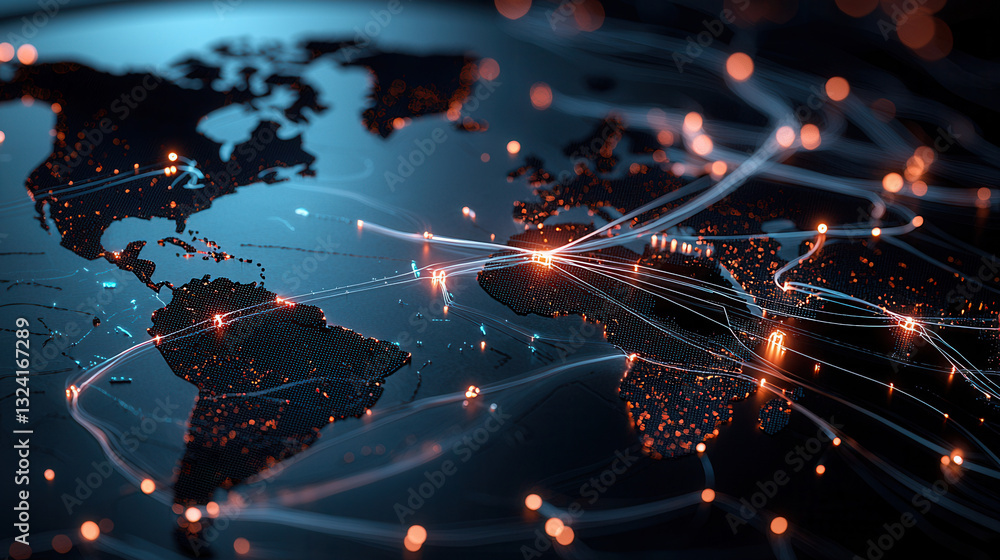 Poster clean and modern visual of global data network showcasing connections across continents, highlightin