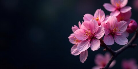 Delicate Pink Blossoms on a Branch Against a Dark Background, a Symbol of Spring's Gentle Arrival and Renewal