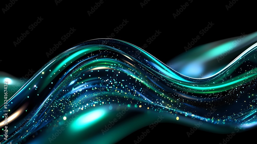 Poster flowing turquoise and blue waves with glowing particles create dynamic motion effect against black b