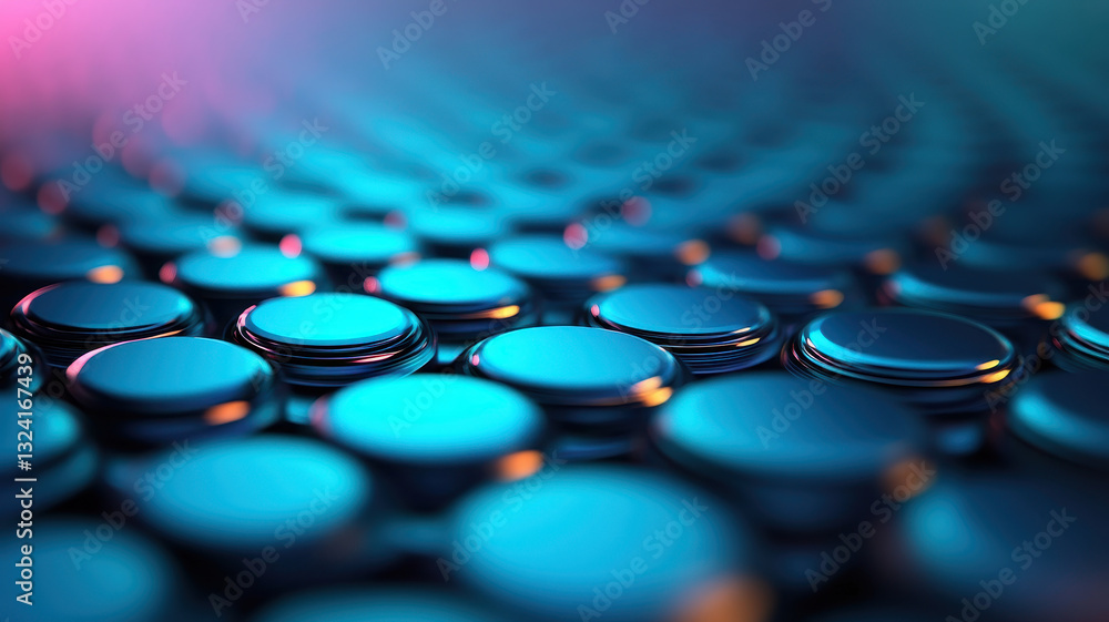 Poster mesmerizing array of blue glowing circular panels creates minimalist technology aesthetic, evoking s