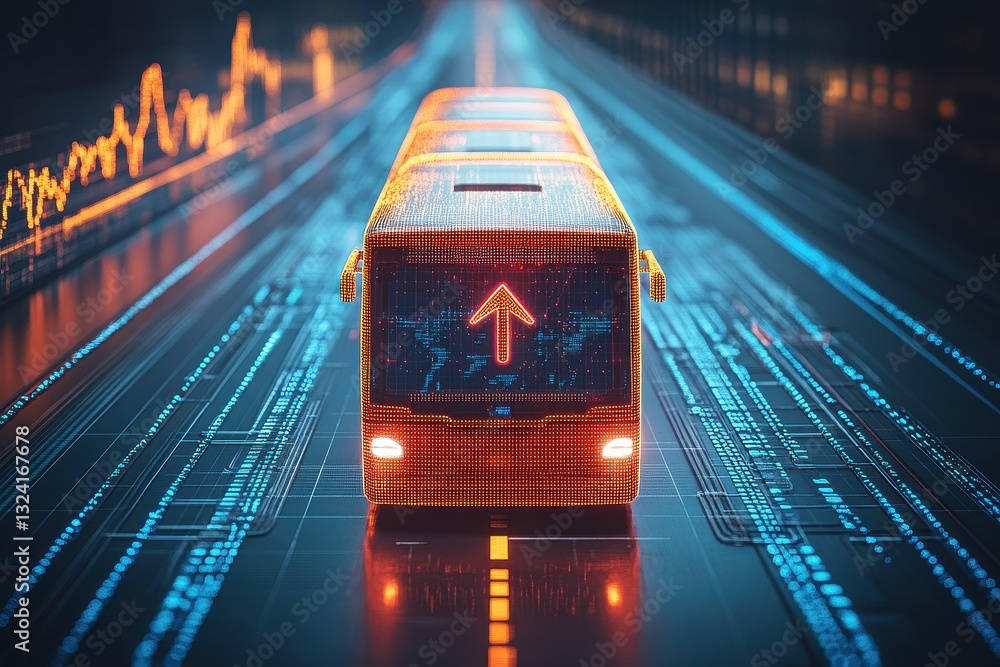 Poster futuristic bus design with digital elements and direction arrow sign