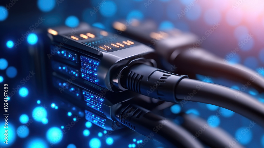 Aufkleber modern data center interface with illuminated connectors and cables, showcasing advanced technology 