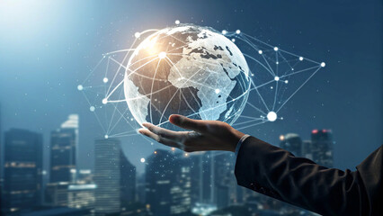 The intersection of technology, business, and social connectivity, depicted through an interconnected globe and futuristic digital links