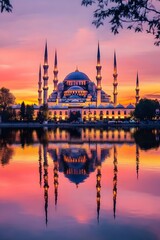 Obraz premium Majestic mosque silhouette at sunset reflected in tranquil water, surrounded by vibrant sky hues