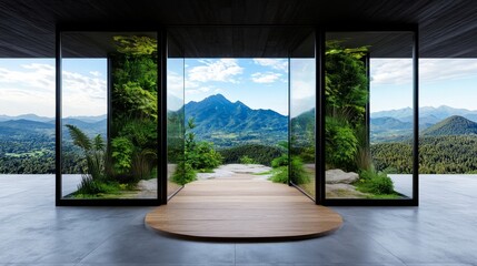 A modern glass structure opens to a stunning mountain view, showcasing a blend of nature and architecture with lush greenery and a wooden pathway.