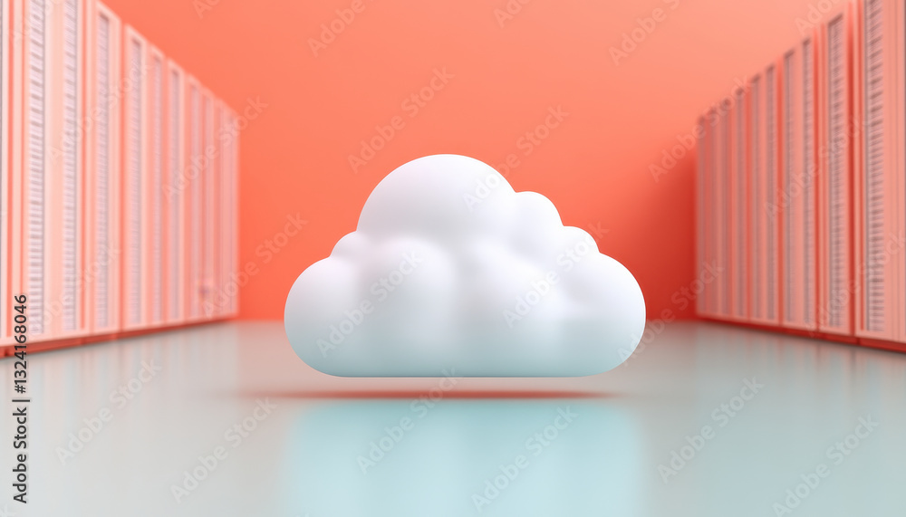 Poster modern cloud computing infrastructure with white cloud icon surrounded by server racks in vibrant or