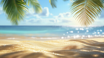 Obraz premium beautiful sandy beach with palm trees and serene ocean view, perfect for relaxation. sun shines brightly, creating tranquil and inviting atmosphere