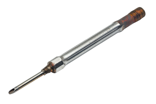 Metal tool with a pointed tip rests on a white background highlighting intricate details and texture isolated on transparent background