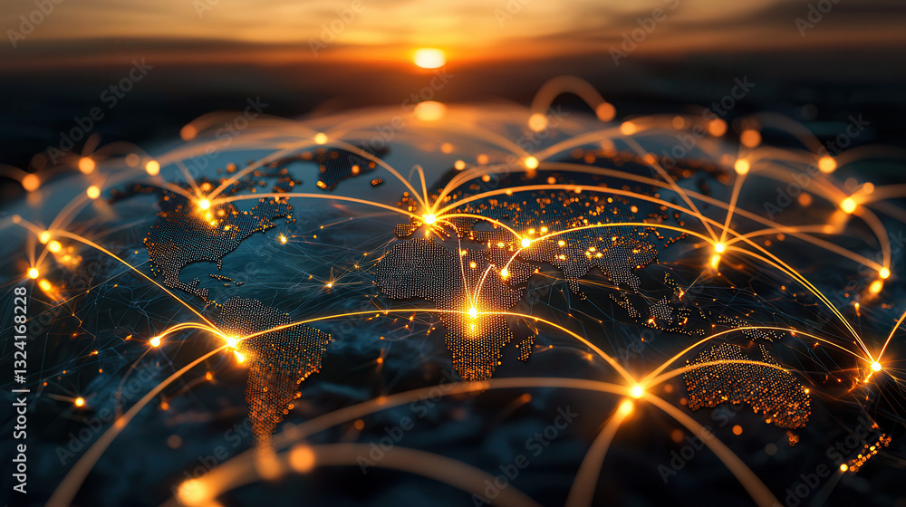Poster clean and modern visual of global data network showcasing connections across continents, illuminated