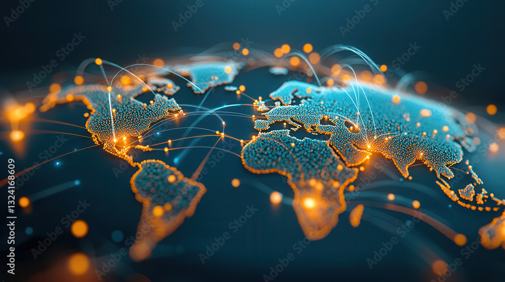 Poster clean and modern visual of global data network showcasing connections across continents, highlightin
