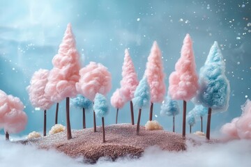 whimsical cotton candy forest sculpture with delicate spun sugar trees in pastel pink and blue, perched on chocolate cookie soil, dusted with edible glitter under soft studio lighting
