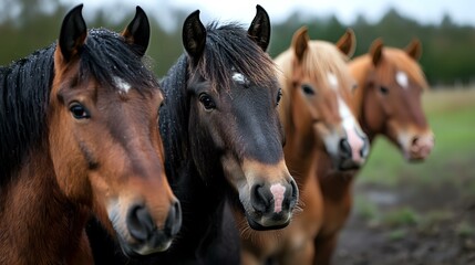 Four majestic horses standing in a row showing their faces and distinctive markings, displaying different coat colors from dark bay to chestnut, against natural background.