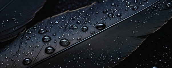 Close up of wet black bird feathers with water droplets