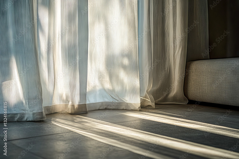 Poster soft sunlight filters through light, sheer curtains, casting delicate shadows on the textured tiled 