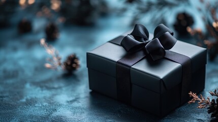 A simple black gift box, its surface adorned with a subtle sheen, rested gracefully on a serene blue surface, bathed in the soft, ethereal glow of ambient light.