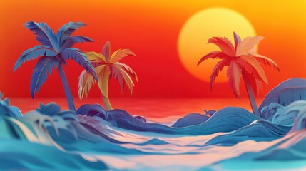 Obraz premium Colorful summer paradise with a vibrant red-orange sunset rolling ocean waves and layered 3D paper cut tropical palm trees.
