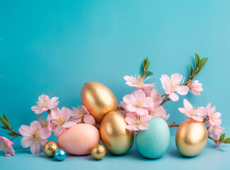 Fototapeta premium generative AI spring holiday Easter happy Easter Easter decor painted eggs spring flowers sakura postcard