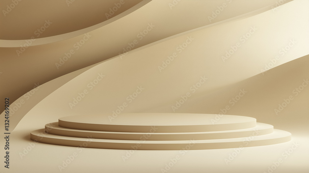 Aufkleber abstract beige fashion stage with empty background, featuring smooth curves and layered platforms, c