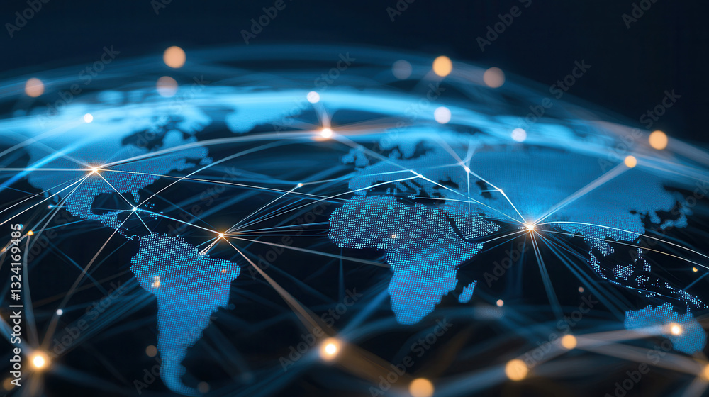 Poster clean and modern visual of global data network showcasing interconnected regions and nodes, symboliz