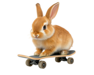 bunny riding tiny skateboard, showcasing impressive skills and playful spirit. This adorable scene captures joy of pet enjoying fun activity