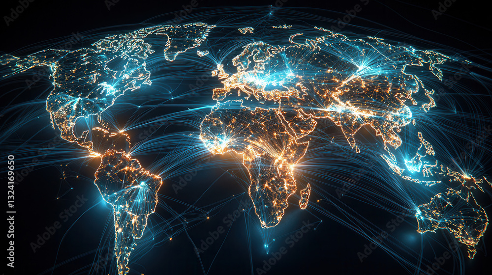 Aufkleber global data network visualization with bright connections across continents, showcasing interconnect