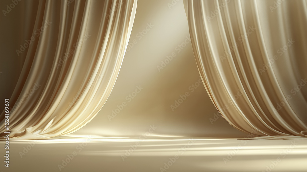 Poster elegant beige stage with flowing curtains and soft lighting creating serene atmosphere