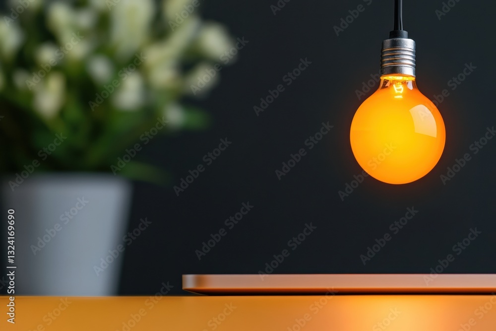 Poster minimalist innovation vibrant orange led bulb illuminating modern workspace - creative lighting desi