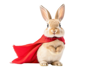 bunny wearing superhero cape stands proudly, showcasing its adorable features and vibrant red cape. This charming scene captures whimsical and playful spirit