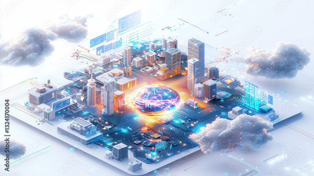 Aufkleber futuristic cityscape with glowing data network, showcasing advanced technology and connectivity