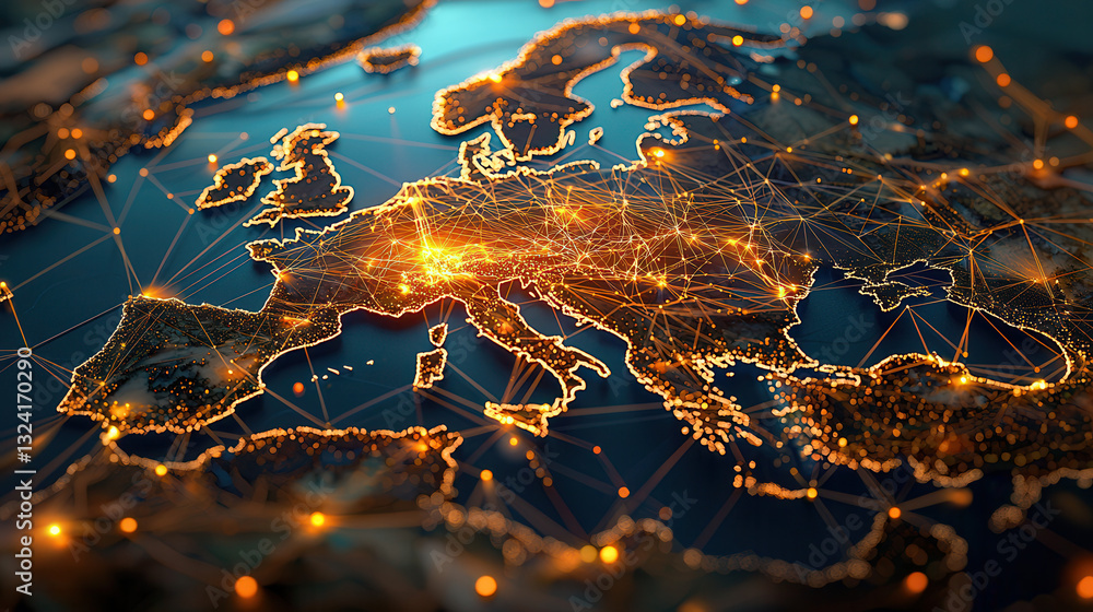 Poster clean and modern visual of global data network over europe, showcasing interconnected nodes and vibr