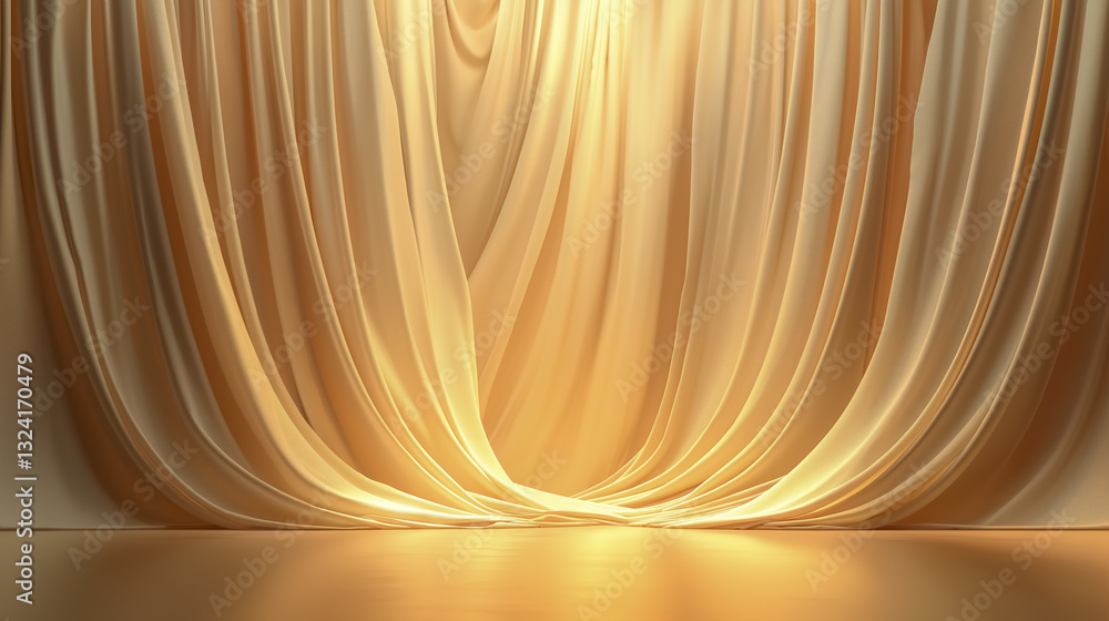 Poster luxurious beige stage with elegant draped curtains creating soft, inviting atmosphere. smooth fabric