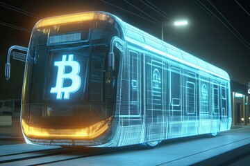 Obraz premium Futuristic Electric Tram Concept with Bitcoin Symbol in Neon Lights