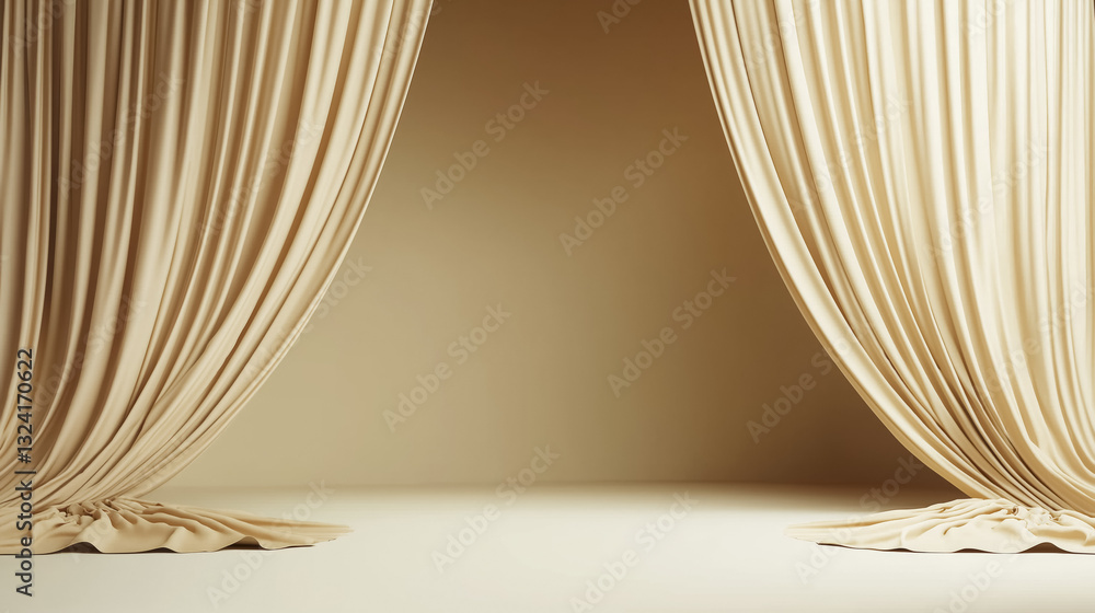 Poster elegant beige stage with flowing curtains creating serene and sophisticated atmosphere. soft fabric 