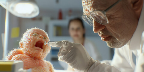 Close-up of Scientist Injecting Syringe into Baby Doll
