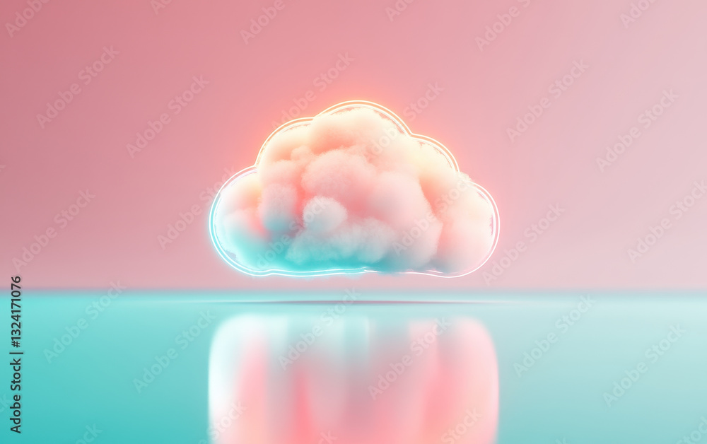Poster minimal design of cloud storage system with soft pastel colors, reflecting on smooth surface. serene
