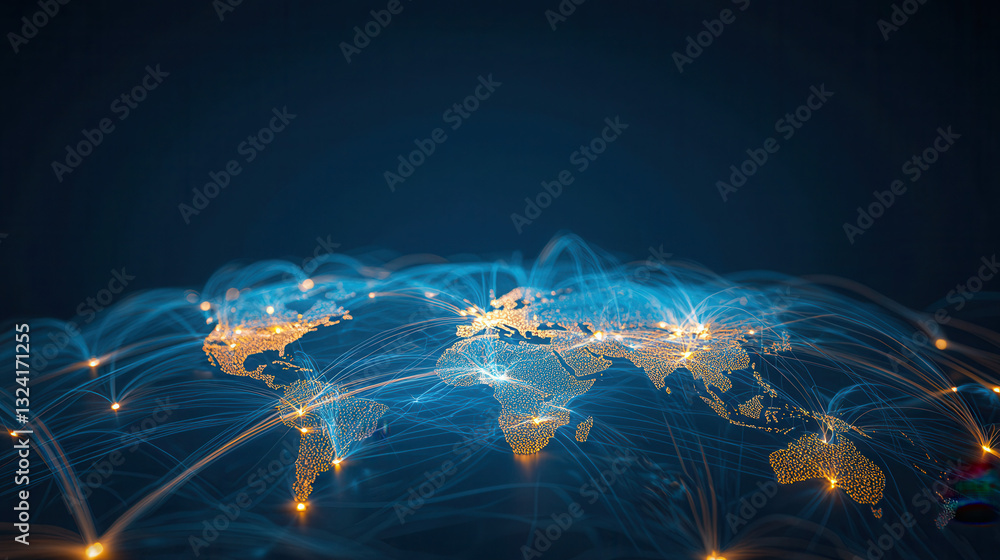 Poster clean and modern visual of global data network showcasing connections across continents, symbolizing